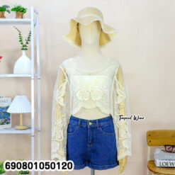 Summer Butterfly Sheer Mesh Crop Top เสื้อลูกไม้ซีทรูเอวลอย ปักลายผีเสื้อ ลุคซัมเมอร์ - 690801050120 - Image 5