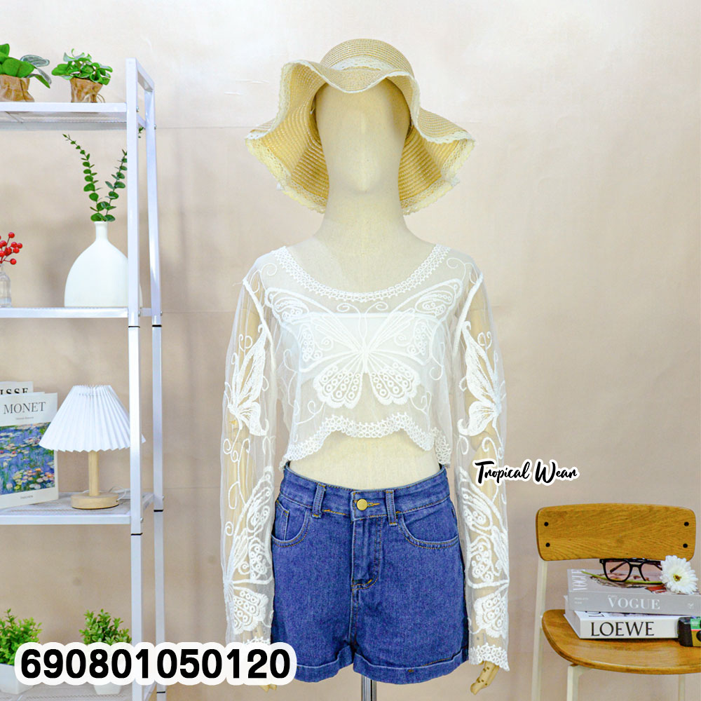 Summer Butterfly Sheer Mesh Crop Top เสื้อลูกไม้ซีทรูเอวลอย ปักลายผีเสื้อ ลุคซัมเมอร์ - 690801050120 - Image 6