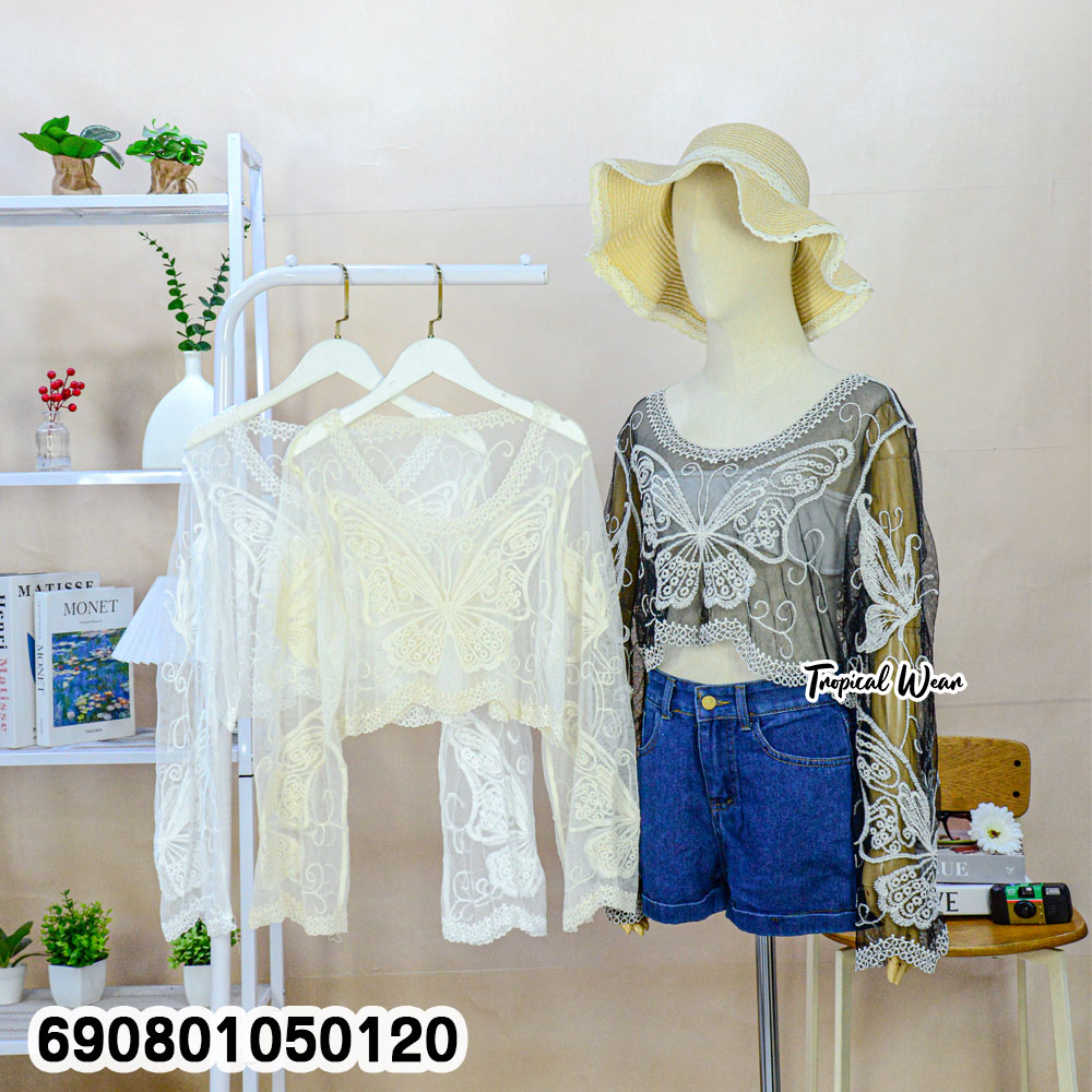 Summer Butterfly Sheer Mesh Crop Top เสื้อลูกไม้ซีทรูเอวลอย ปักลายผีเสื้อ ลุคซัมเมอร์ - 690801050120 - Image 3
