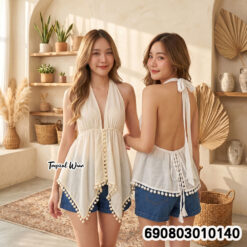 Halter Tie-Back Ball-Trim Top เสื้อสายคล้องคอผูกหลัง แต่งพู่กลม สไตล์โบโฮ - 690803010140