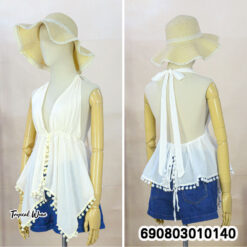 Halter Tie-Back Ball-Trim Top เสื้อสายคล้องคอผูกหลัง แต่งพู่กลม สไตล์โบโฮ - 690803010140 - Image 3