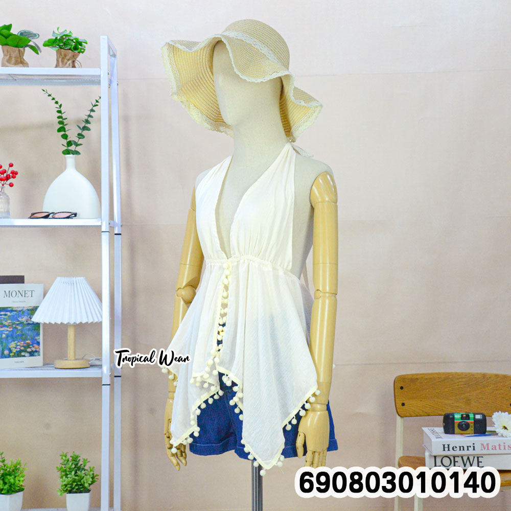 Halter Tie-Back Ball-Trim Top เสื้อสายคล้องคอผูกหลัง แต่งพู่กลม สไตล์โบโฮ - 690803010140 - Image 5