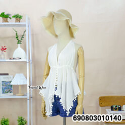 Halter Tie-Back Ball-Trim Top เสื้อสายคล้องคอผูกหลัง แต่งพู่กลม สไตล์โบโฮ - 690803010140 - Image 4