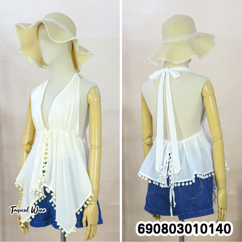 Halter Tie-Back Ball-Trim Top เสื้อสายคล้องคอผูกหลัง แต่งพู่กลม สไตล์โบโฮ - 690803010140 - Image 3