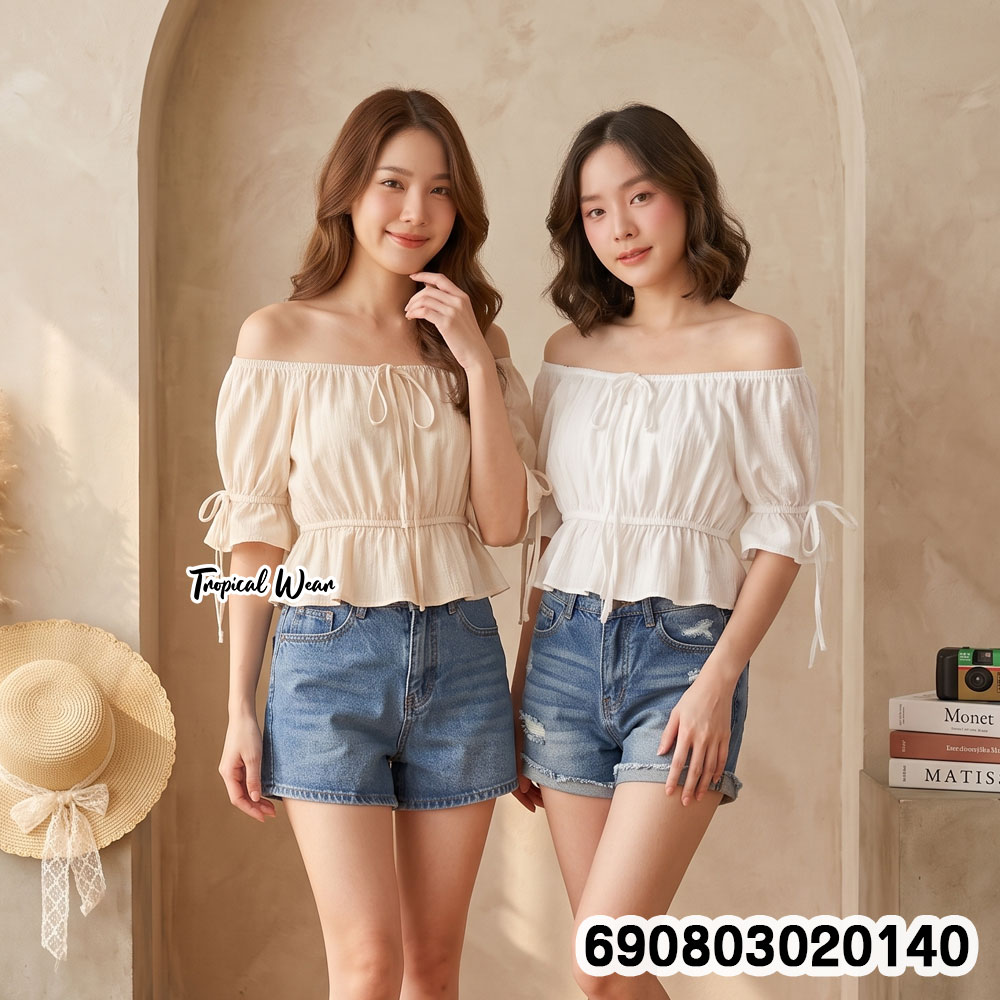 Korean Style Off-Shoulder Tie-Front Crop Top เสื้อปาดไหล่แต่งเชือกผูกอก ชายระบาย สไตล์เกาหลี - 690803020140
