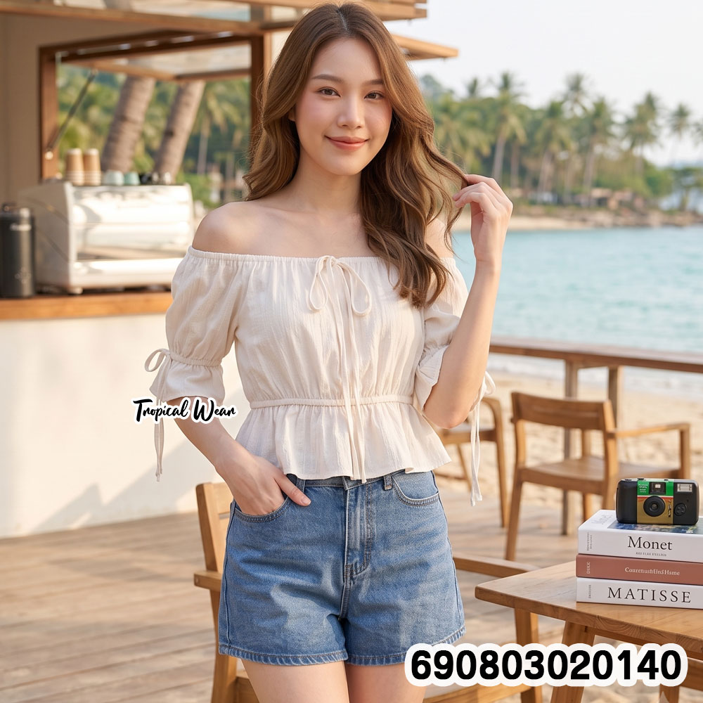Korean Style Off-Shoulder Tie-Front Crop Top เสื้อปาดไหล่แต่งเชือกผูกอก ชายระบาย สไตล์เกาหลี - 690803020140 - Image 2