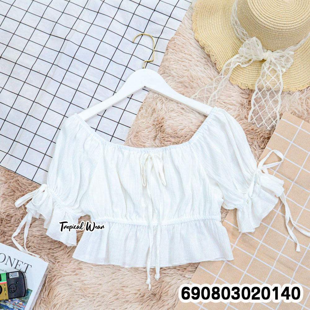 Korean Style Off-Shoulder Tie-Front Crop Top เสื้อปาดไหล่แต่งเชือกผูกอก ชายระบาย สไตล์เกาหลี - 690803020140 - Image 5