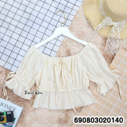 Korean Style Off-Shoulder Tie-Front Crop Top เสื้อปาดไหล่แต่งเชือกผูกอก ชายระบาย สไตล์เกาหลี - 690803020140 - Image 4