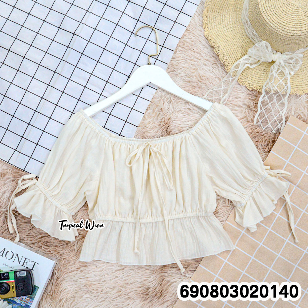Korean Style Off-Shoulder Tie-Front Crop Top เสื้อปาดไหล่แต่งเชือกผูกอก ชายระบาย สไตล์เกาหลี - 690803020140 - Image 4