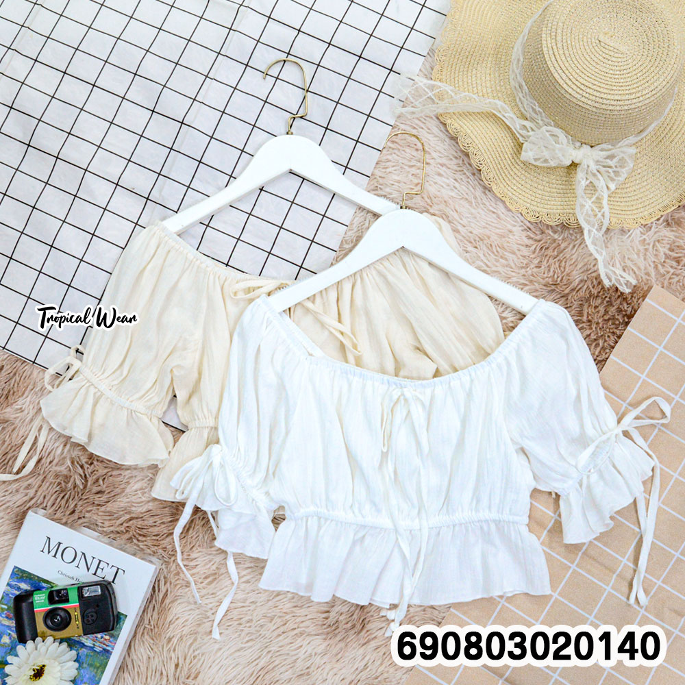 Korean Style Off-Shoulder Tie-Front Crop Top เสื้อปาดไหล่แต่งเชือกผูกอก ชายระบาย สไตล์เกาหลี - 690803020140 - Image 3