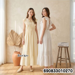 Korean Style Ruffle Sleeve Tie-Front Maxi Dress เดรสแขนระบาย แต่งผูกอกสไตล์เกาหลี - 690833010270