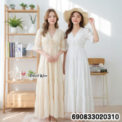 Beach Puff Sleeve Smocked Maxi Dress ชุดเดรสพริ้วหวาน แขนตุ๊กตา ลุคเที่ยวทะเล - 690833020310