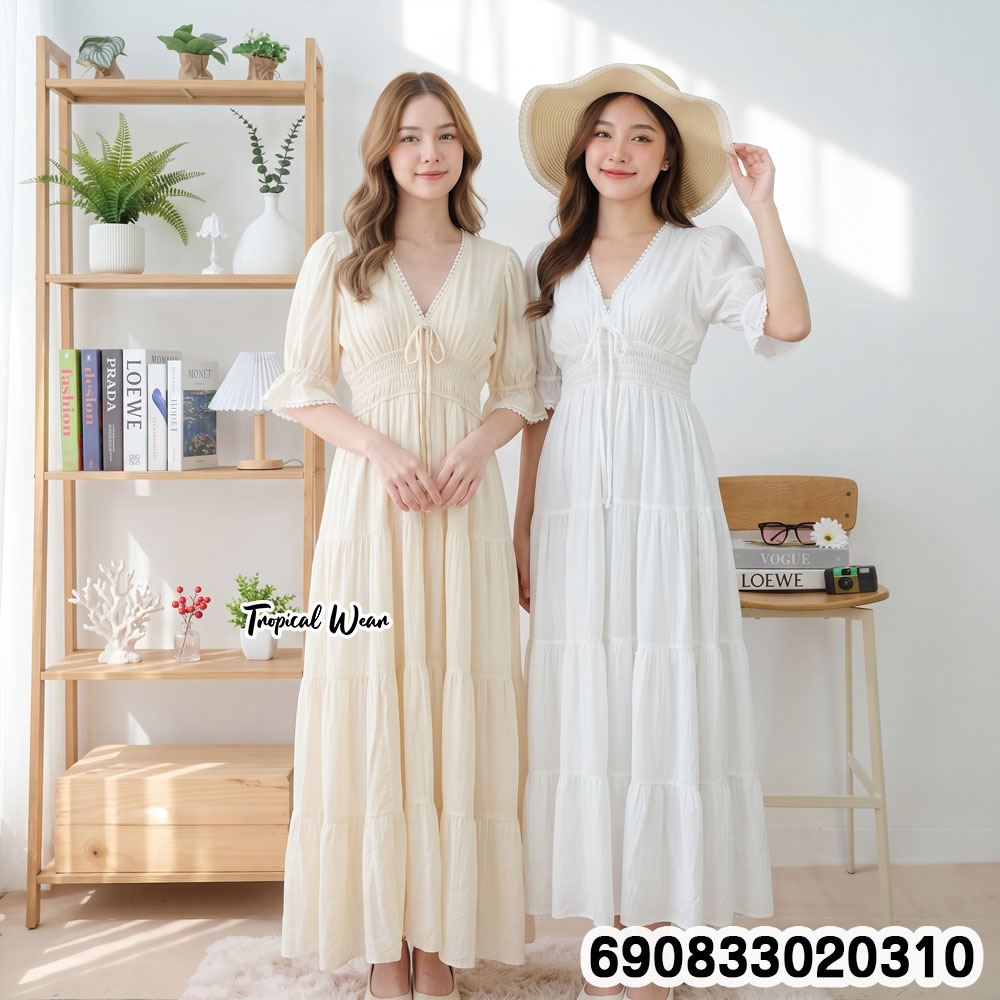 Beach Puff Sleeve Smocked Maxi Dress ชุดเดรสพริ้วหวาน แขนตุ๊กตา ลุคเที่ยวทะเล - 690833020310