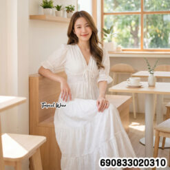 Beach Puff Sleeve Smocked Maxi Dress ชุดเดรสพริ้วหวาน แขนตุ๊กตา ลุคเที่ยวทะเล - 690833020310 - Image 2