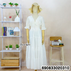 Beach Puff Sleeve Smocked Maxi Dress ชุดเดรสพริ้วหวาน แขนตุ๊กตา ลุคเที่ยวทะเล - 690833020310 - Image 4