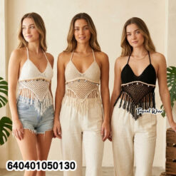 Crochet Halter Crop Top with Fringe Hem เสื้อถักโครเชต์คล้องคอ ชายสามเหลี่ยม - 640401050130