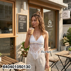 Crochet Halter Crop Top with Fringe Hem เสื้อถักโครเชต์คล้องคอ ชายสามเหลี่ยม - 640401050130 - Image 2