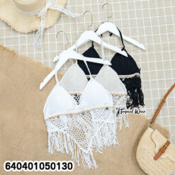 Crochet Halter Crop Top with Fringe Hem เสื้อถักโครเชต์คล้องคอ ชายสามเหลี่ยม - 640401050130 - Image 3