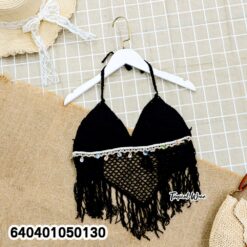 Crochet Halter Crop Top with Fringe Hem เสื้อถักโครเชต์คล้องคอ ชายสามเหลี่ยม - 640401050130 - Image 6