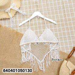 Crochet Halter Crop Top with Fringe Hem เสื้อถักโครเชต์คล้องคอ ชายสามเหลี่ยม - 640401050130 - Image 5