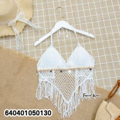 Crochet Halter Crop Top with Fringe Hem เสื้อถักโครเชต์คล้องคอ ชายสามเหลี่ยม - 640401050130 - Image 4