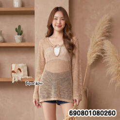 Mesh Knit Ring Neck Top  เสื้อถักตาข่ายคอวีแต่งห่วง - 690801080260 - Image 3