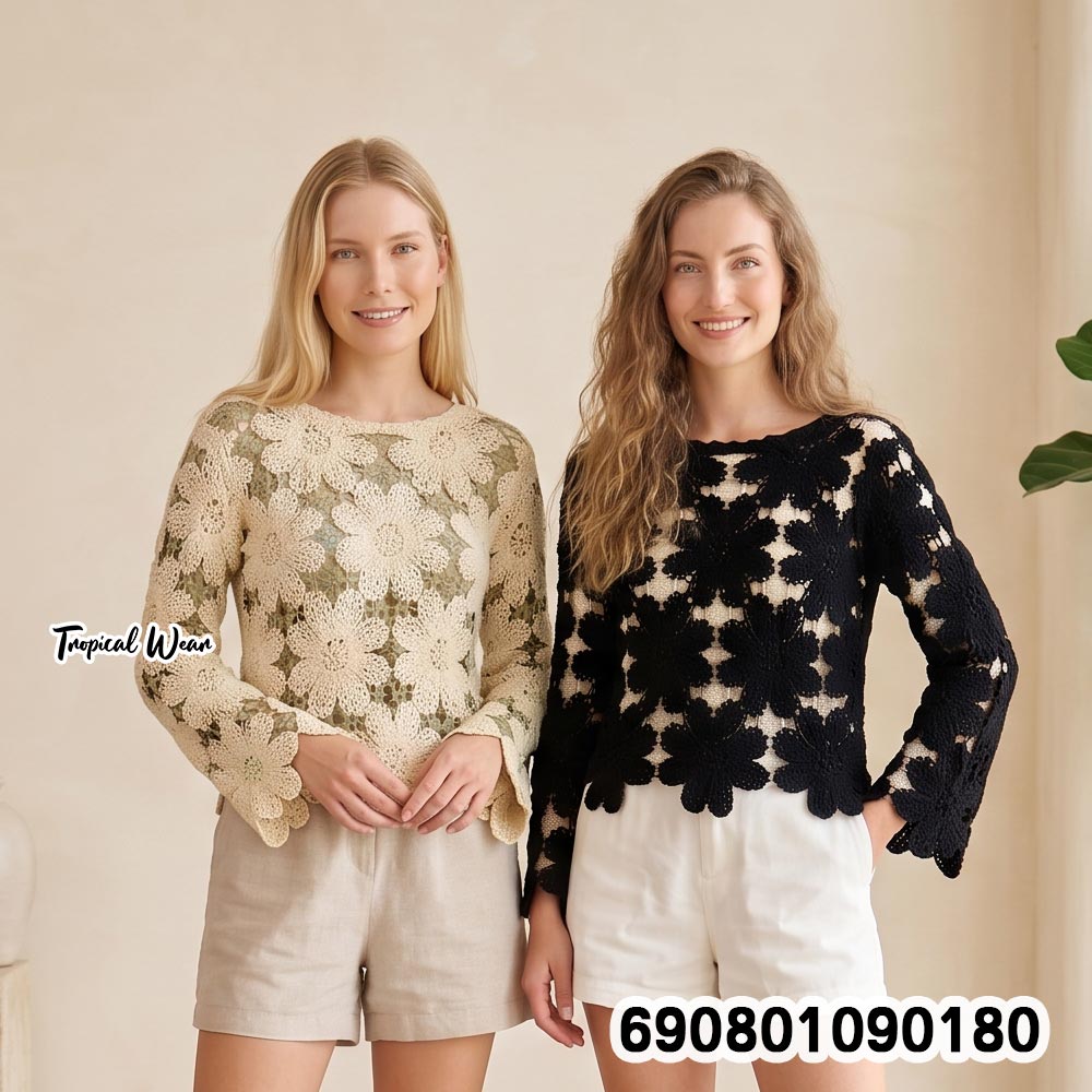 Floral Crochet Long Sleeve Top เสื้อโครเชต์ลายดอกไม้แขนยาว - 690801090180 - Image 2