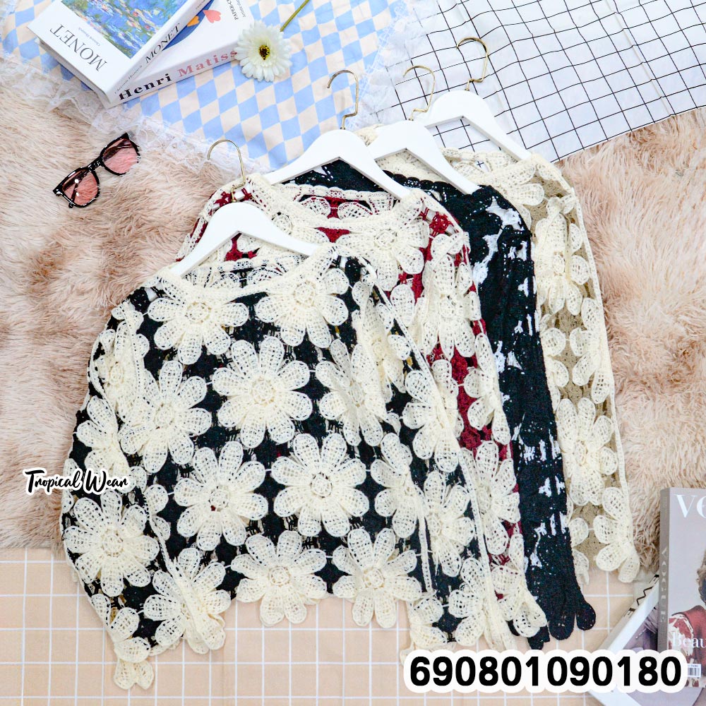 Floral Crochet Long Sleeve Top เสื้อโครเชต์ลายดอกไม้แขนยาว - 690801090180 - Image 3