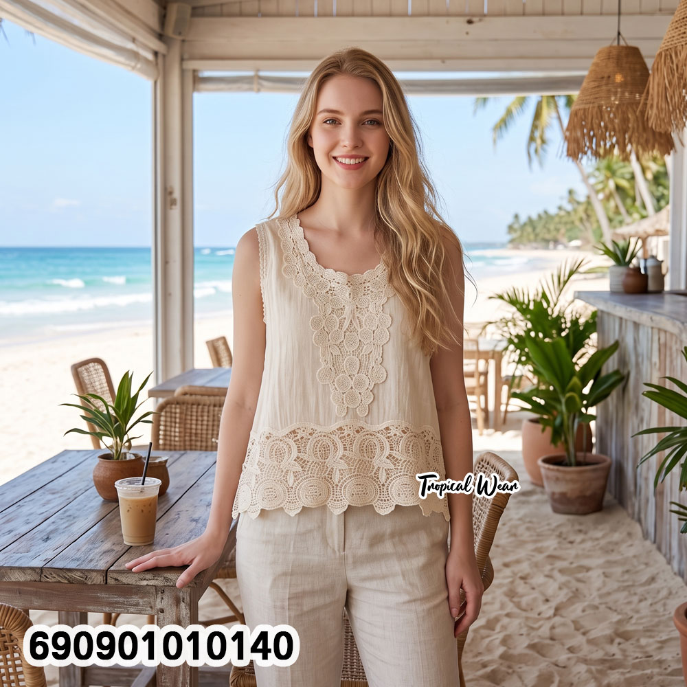 Beach Lace Trim Sleeveless Top เสื้อแขนกุดแต่งลูกไม้ปัก ลุคเที่ยวทะเล - 690901010140 - Image 2