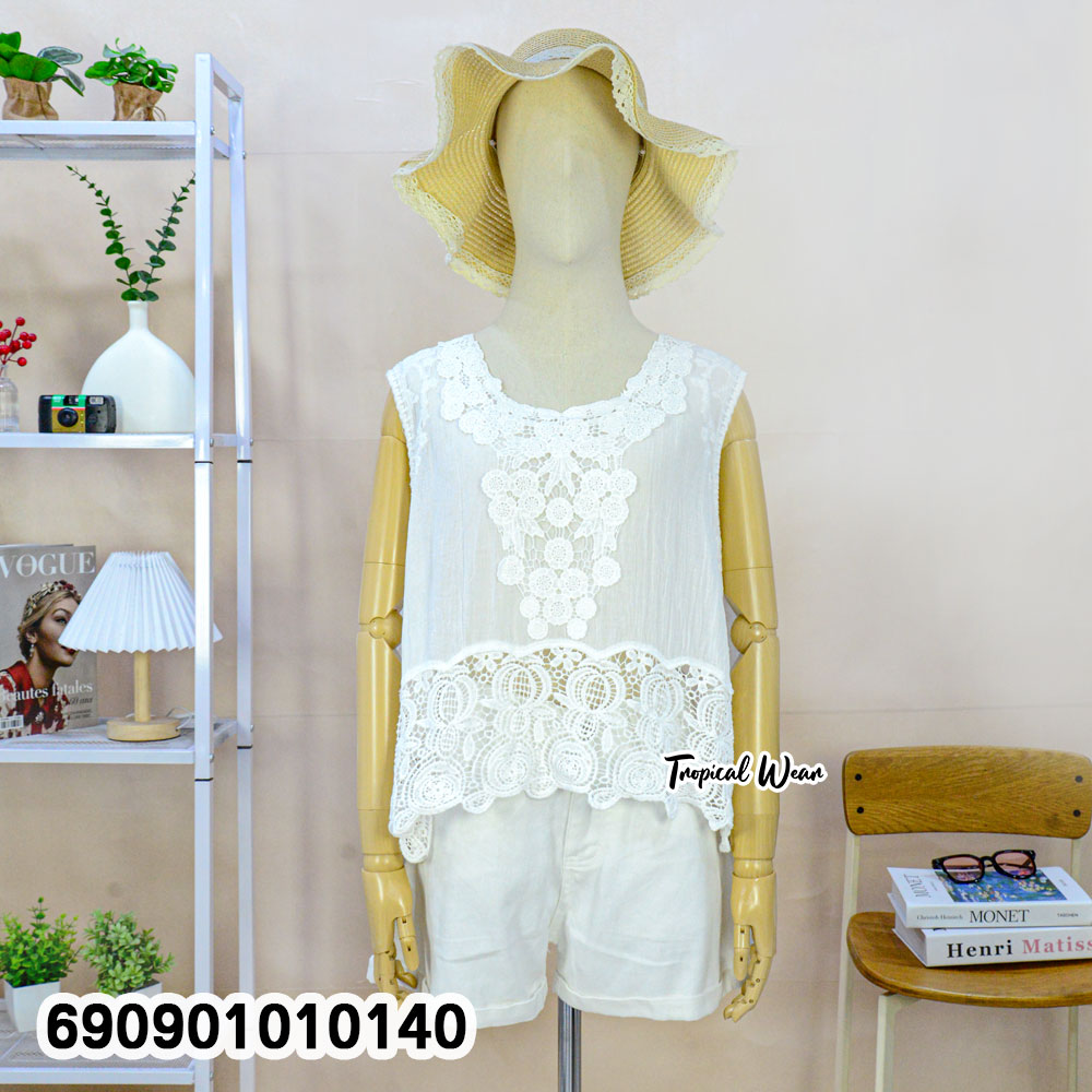 Beach Lace Trim Sleeveless Top เสื้อแขนกุดแต่งลูกไม้ปัก ลุคเที่ยวทะเล - 690901010140 - Image 5