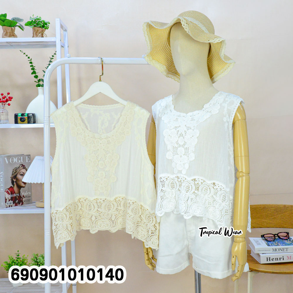 Beach Lace Trim Sleeveless Top เสื้อแขนกุดแต่งลูกไม้ปัก ลุคเที่ยวทะเล - 690901010140 - Image 3