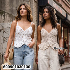Beach Crochet Peplum Cami Top เสื้อสายเดี่ยวถักโครเชต์ ชายบาน ลุคเที่ยวทะเล - 690901030130