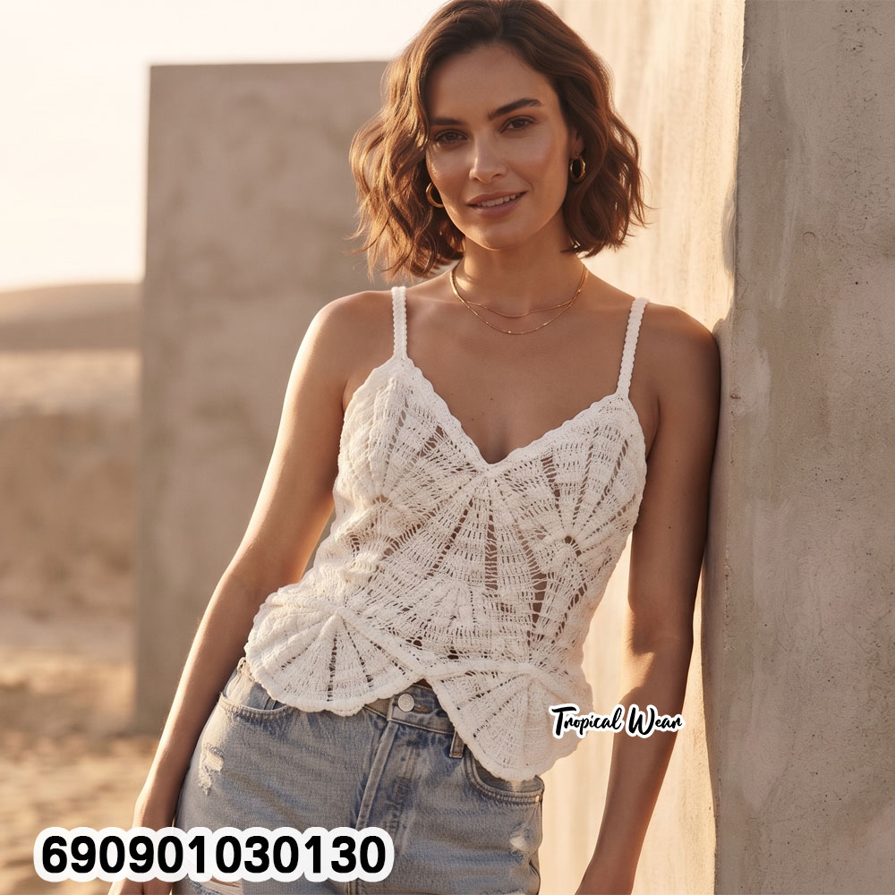 Beach Crochet Peplum Cami Top เสื้อสายเดี่ยวถักโครเชต์ ชายบาน ลุคเที่ยวทะเล - 690901030130 - Image 2