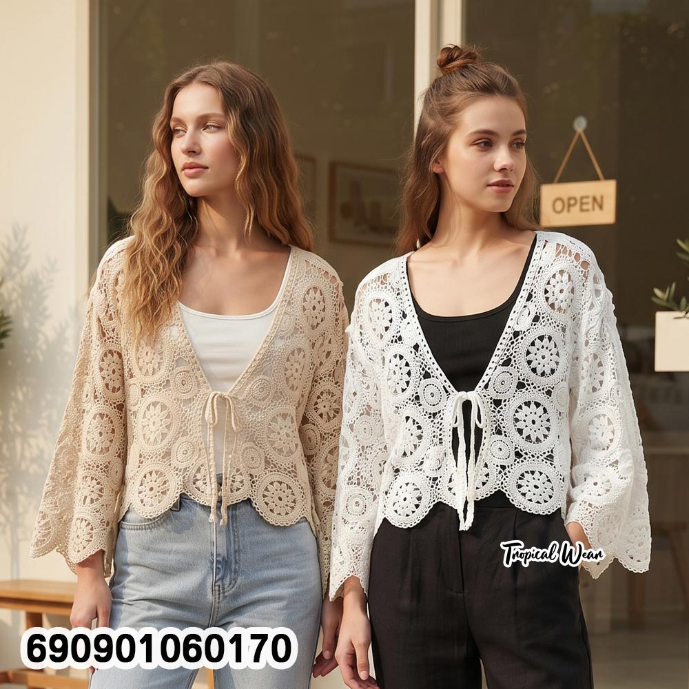 Crochet Front-Tie Cardigan Cover-Up เสื้อคลุมถักโครเชต์ผูกหน้า แขนยาว สไตล์โบโฮ - 690901060170
