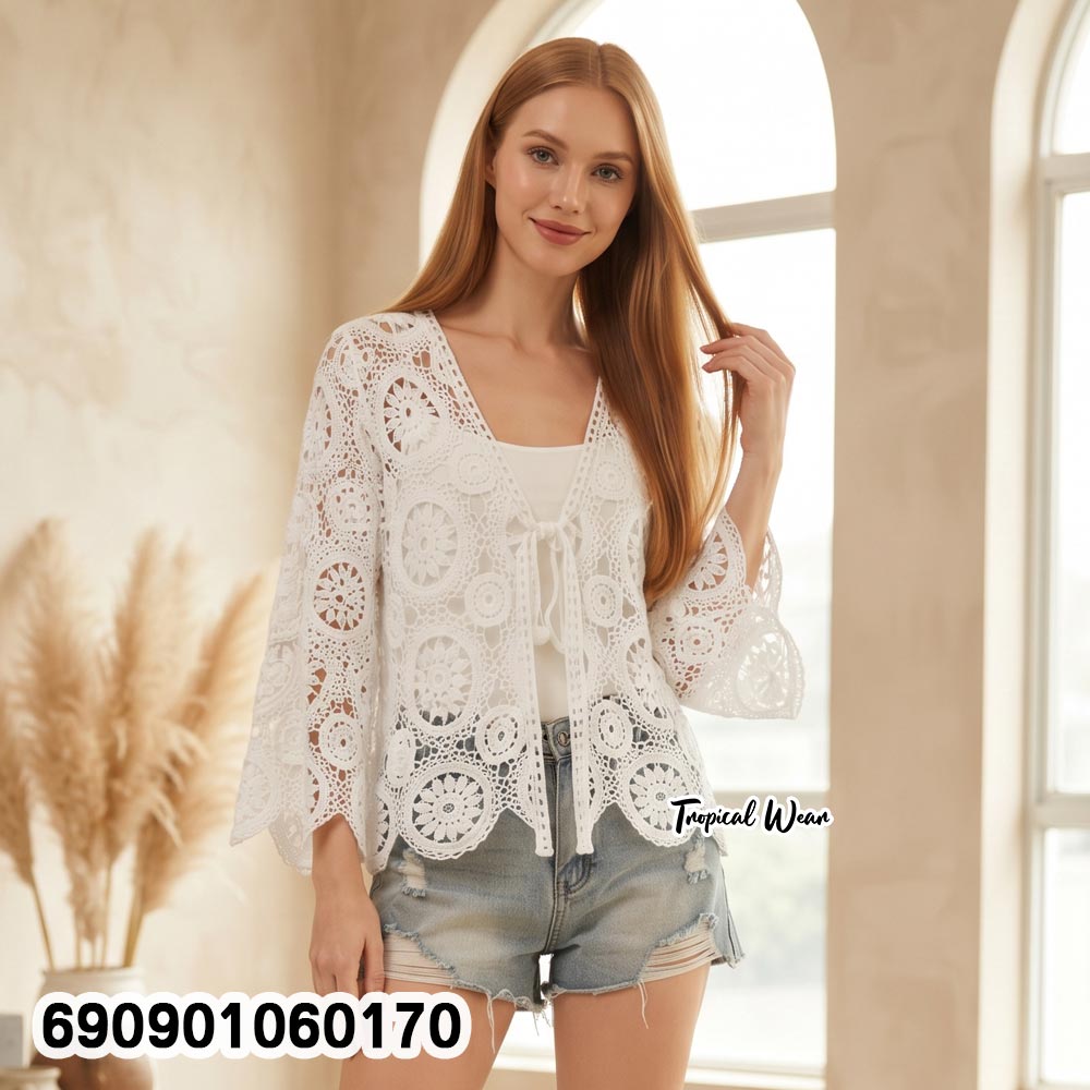 Crochet Front-Tie Cardigan Cover-Up เสื้อคลุมถักโครเชต์ผูกหน้า แขนยาว สไตล์โบโฮ - 690901060170 - Image 2