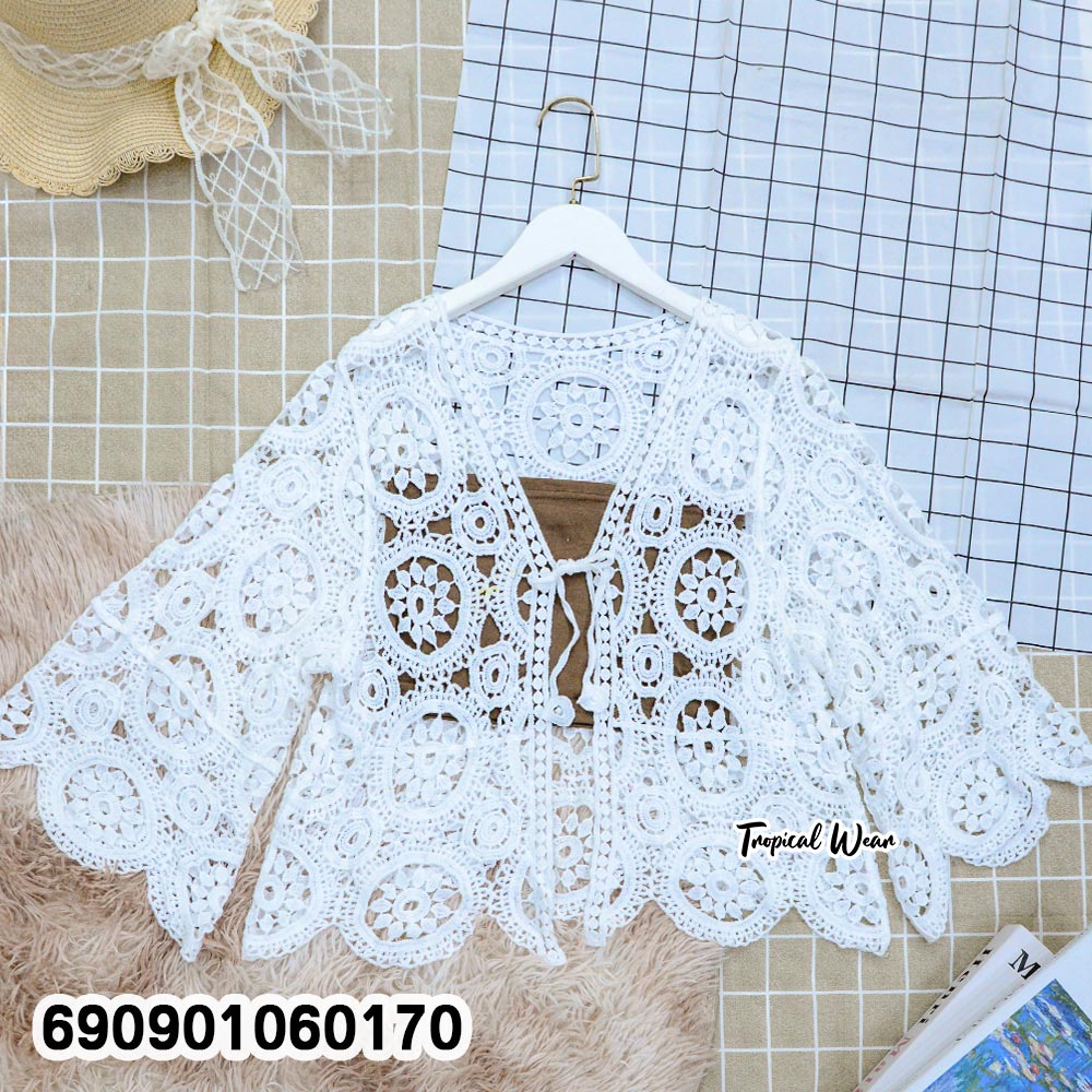 Crochet Front-Tie Cardigan Cover-Up เสื้อคลุมถักโครเชต์ผูกหน้า แขนยาว สไตล์โบโฮ - 690901060170 - Image 5