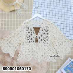 Crochet Front-Tie Cardigan Cover-Up เสื้อคลุมถักโครเชต์ผูกหน้า แขนยาว สไตล์โบโฮ - 690901060170 - Image 4