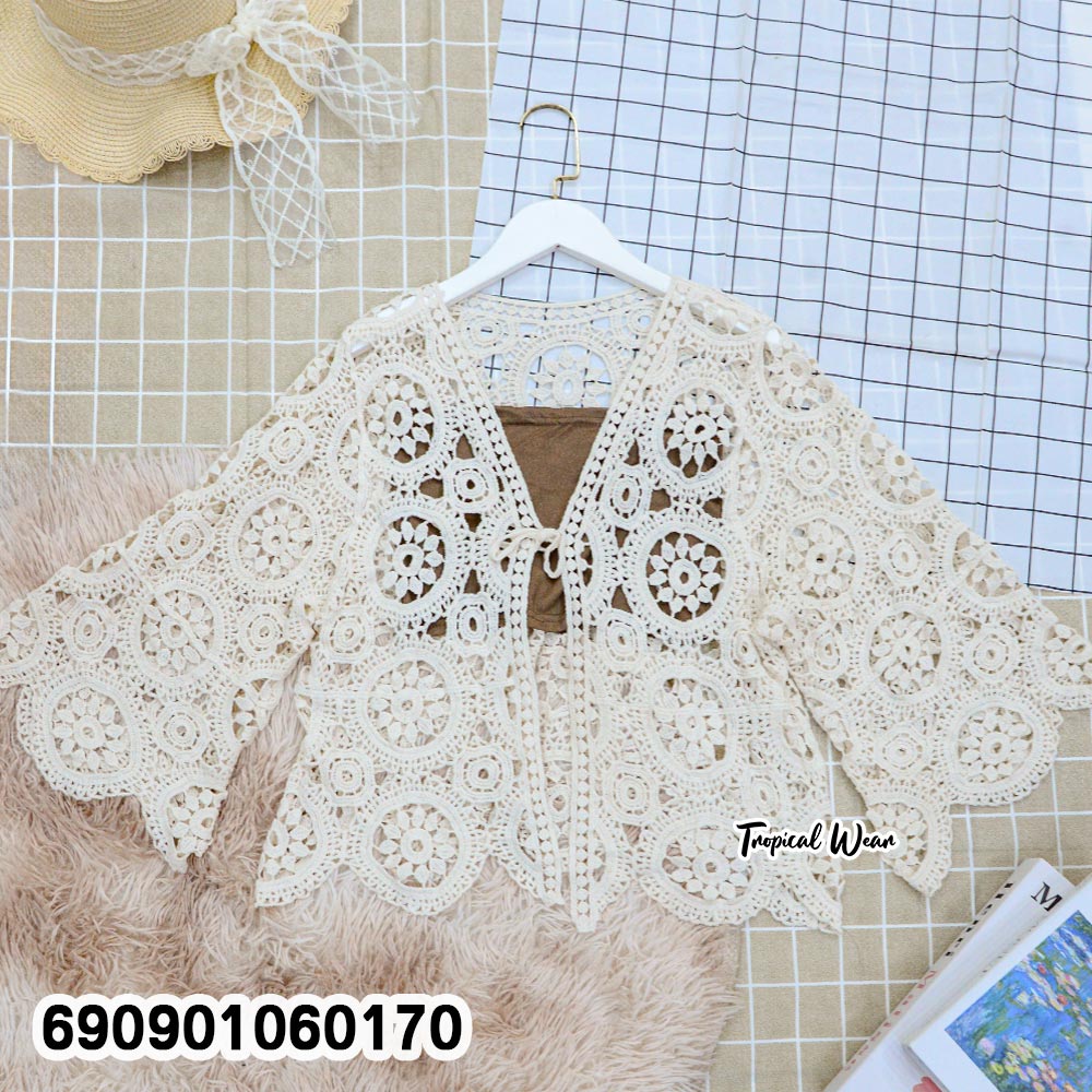 Crochet Front-Tie Cardigan Cover-Up เสื้อคลุมถักโครเชต์ผูกหน้า แขนยาว สไตล์โบโฮ - 690901060170 - Image 4