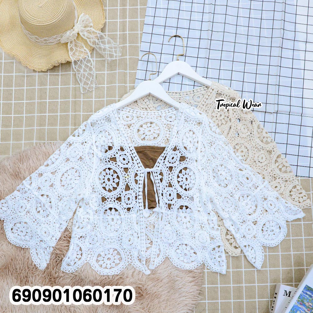 Crochet Front-Tie Cardigan Cover-Up เสื้อคลุมถักโครเชต์ผูกหน้า แขนยาว สไตล์โบโฮ - 690901060170 - Image 3