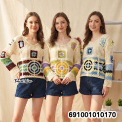 Colorful Granny Square Crochet Sweater เสื้อไหมพรมถักโครเชต์แขนยาว ลายสี่เหลี่ยมหลากสี - 691001010170