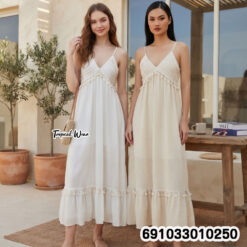 Women's Minimalist V-Neck Spaghetti Strap Maxi Dress เดรสยาวสายเดี่ยวคอวี แต่งระบาย สไตล์มินิมอล - 691033010250