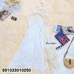 Women's Minimalist V-Neck Spaghetti Strap Maxi Dress เดรสยาวสายเดี่ยวคอวี แต่งระบาย สไตล์มินิมอล - 691033010250 - Image 3