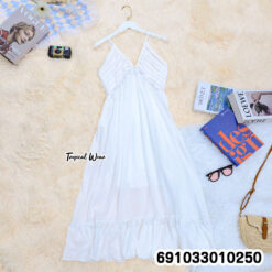 Women's Minimalist V-Neck Spaghetti Strap Maxi Dress เดรสยาวสายเดี่ยวคอวี แต่งระบาย สไตล์มินิมอล - 691033010250 - Image 5